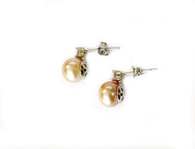 Load image into Gallery viewer, Princess Cut Pearl &amp; Crystal Stud Earrings in Rose Gold