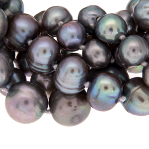 Hazel & Marie: Zoom of Cultured Pearl necklace clasp and tag in slate color