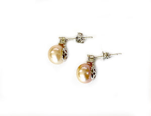 Princess Cut Pearl & Crystal Stud Earrings in Rose Gold