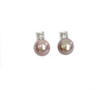 Load image into Gallery viewer, Princess Cut Pearl &amp; Crystal Stud Earrings in Violet