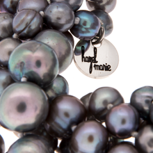 Load image into Gallery viewer, Hazel &amp; Marie: Zoom of Cultured Pearl necklace clasp and tag in slate color