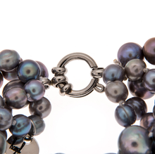 Load image into Gallery viewer, Hazel &amp; Marie: Cultured Pearl necklace clasp and tag in slate color